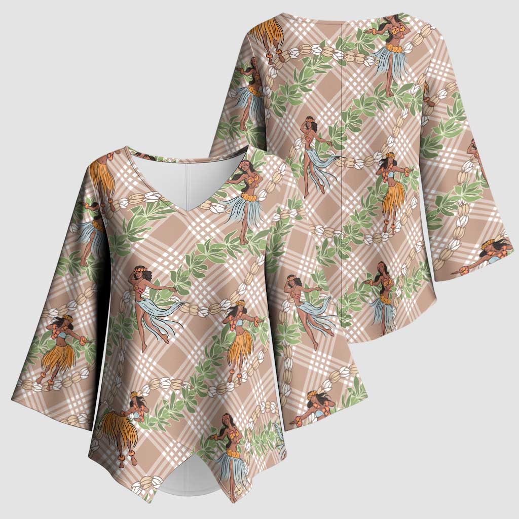 Beige Palaka Hula Girls Seamless Hawaii Aloha Kimono Sleeve Blouse - Polynesian Pride