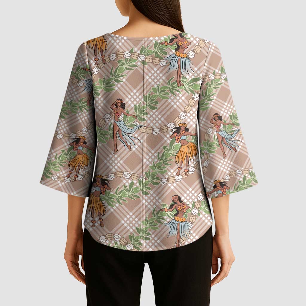 Beige Palaka Hula Girls Seamless Hawaii Aloha Kimono Sleeve Blouse - Polynesian Pride