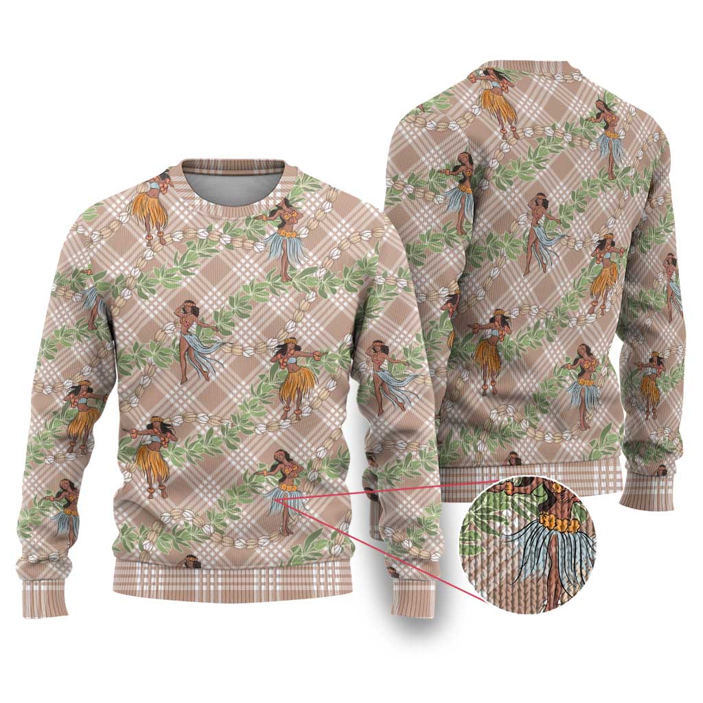 Beige Palaka Hula Girls Seamless Hawaii Aloha Ugly Christmas Sweater - Polynesian Pride