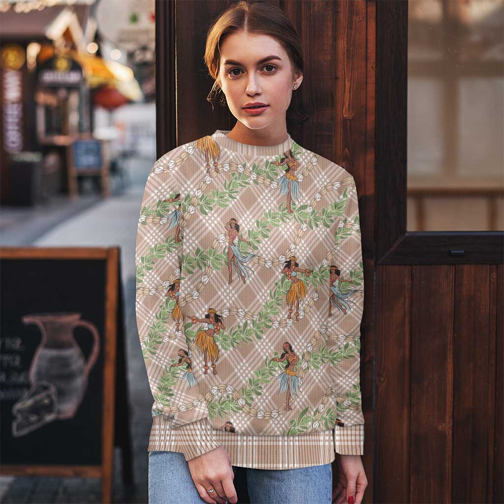 Beige Palaka Hula Girls Seamless Hawaii Aloha Ugly Christmas Sweater - Polynesian Pride