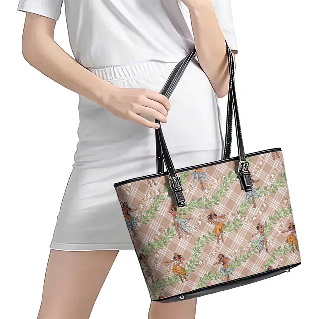 Beige Palaka Hula Girls Seamless Hawaii Aloha Leather Tote Bag LT7 - Polynesian Pride