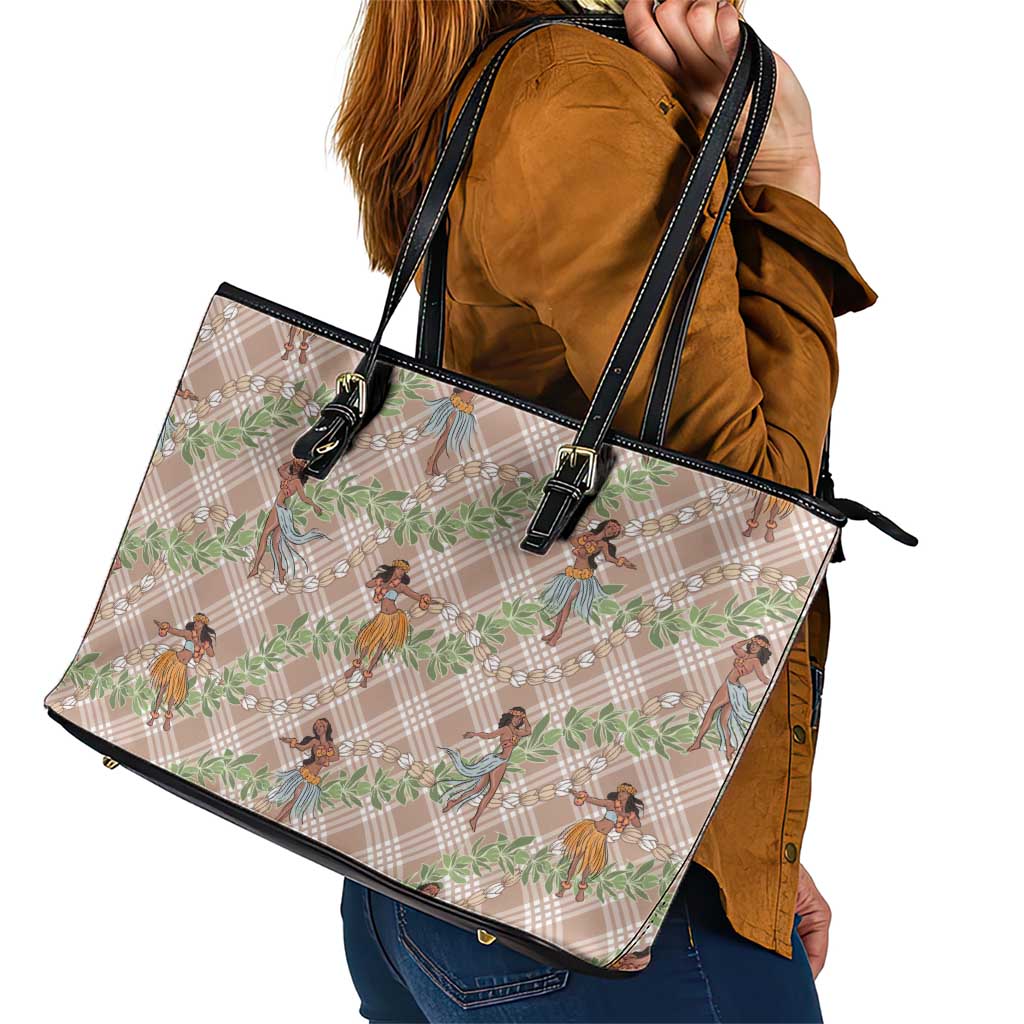 Beige Palaka Hula Girls Seamless Hawaii Aloha Leather Tote Bag LT7 - Polynesian Pride