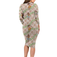 Beige Palaka Hula Girls Seamless Hawaii Aloha Long Sleeve Bodycon Dress - Polynesian Pride