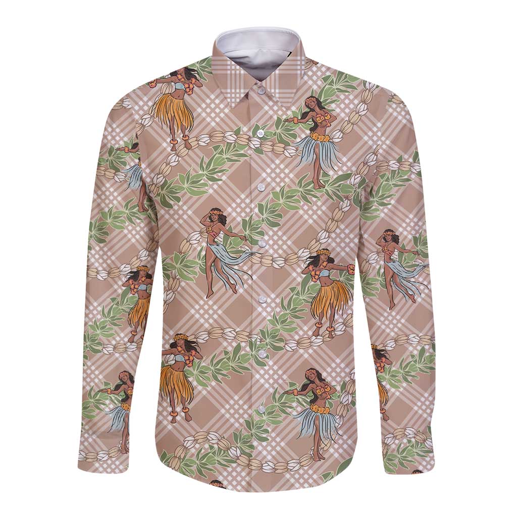 Beige Palaka Hula Girls Seamless Hawaii Aloha Long Sleeve Button Shirt - Polynesian Pride