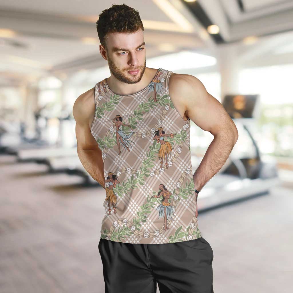 Beige Palaka Hula Girls Seamless Hawaii Aloha Men Tank Top - Polynesian Pride