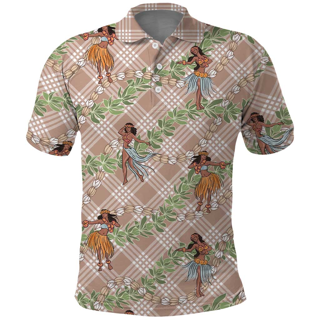 Beige Palaka Hula Girls Seamless Hawaii Aloha Polo Shirt LT7 Beige - Polynesian Pride
