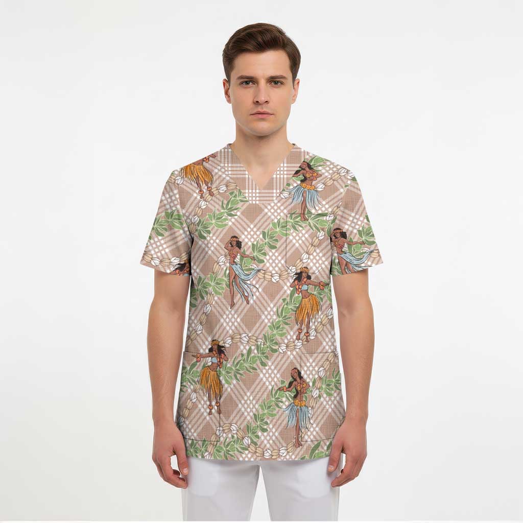 Beige Palaka Hula Girls Seamless Hawaii Aloha Scrub Top - Polynesian Pride