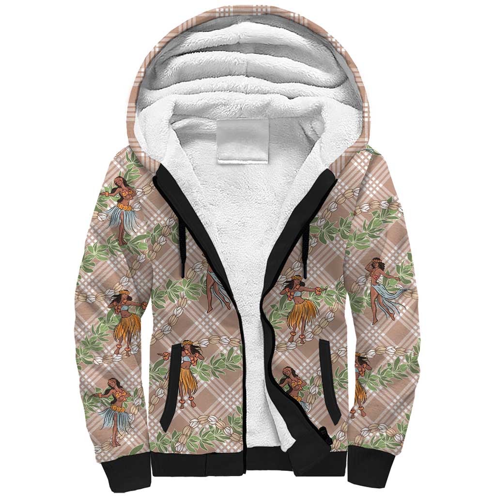 Beige Palaka Hula Girls Seamless Hawaii Aloha Sherpa Hoodie - Polynesian Pride