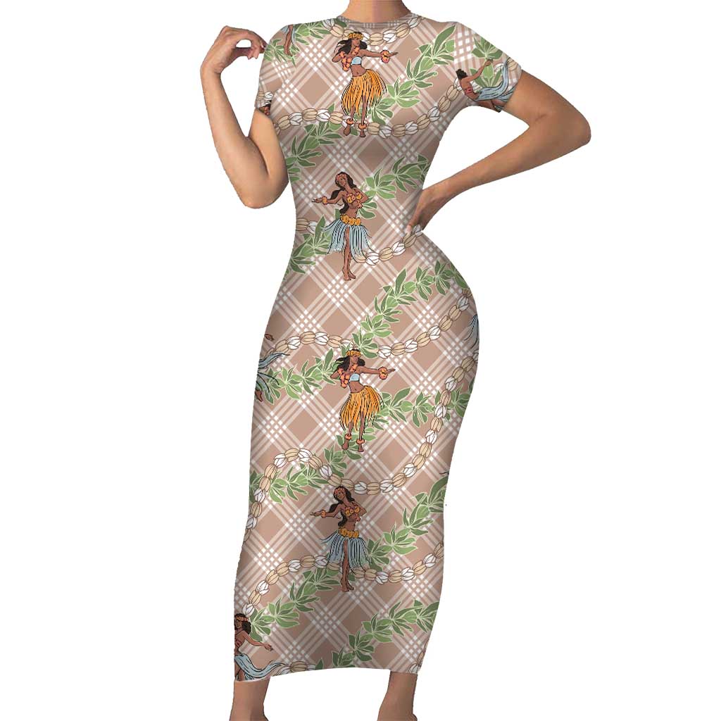 Beige Palaka Hula Girls Seamless Hawaii Aloha Short Sleeve Bodycon Dress LT7 Long Dress Beige - Polynesian Pride