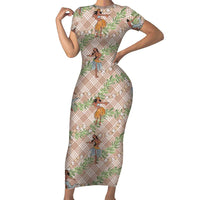 Beige Palaka Hula Girls Seamless Hawaii Aloha Short Sleeve Bodycon Dress LT7 Long Dress Beige - Polynesian Pride