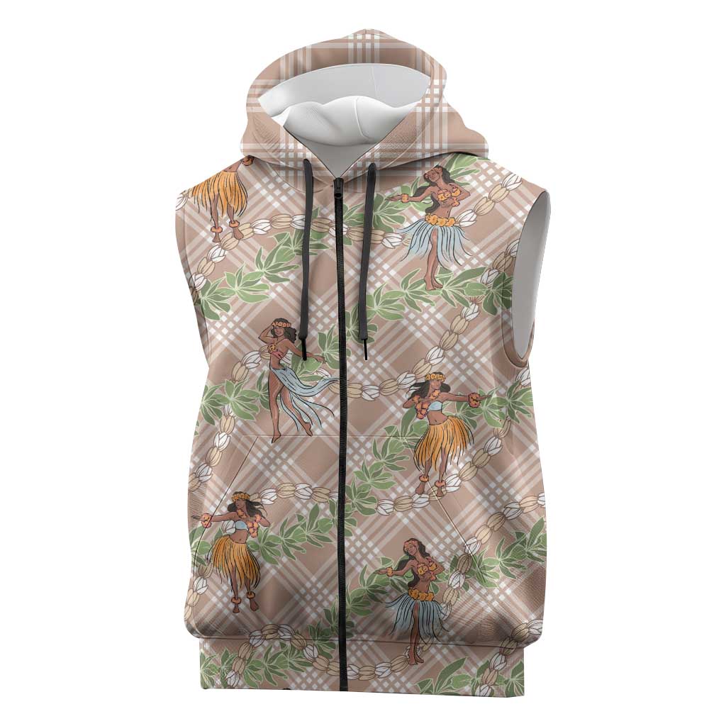 Beige Palaka Hula Girls Seamless Hawaii Aloha Sleeveless Zip Hoodie - Polynesian Pride