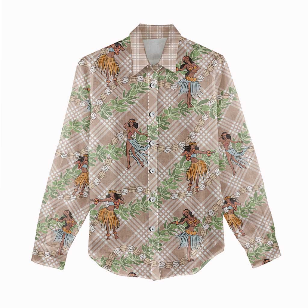 Beige Palaka Hula Girls Seamless Hawaii Aloha Women Casual Shirt - Polynesian Pride