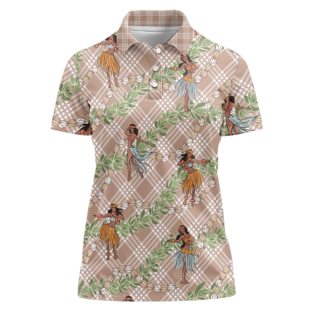 Beige Palaka Hula Girls Seamless Hawaii Aloha Women Polo Shirt LT7 Female Beige - Polynesian Pride