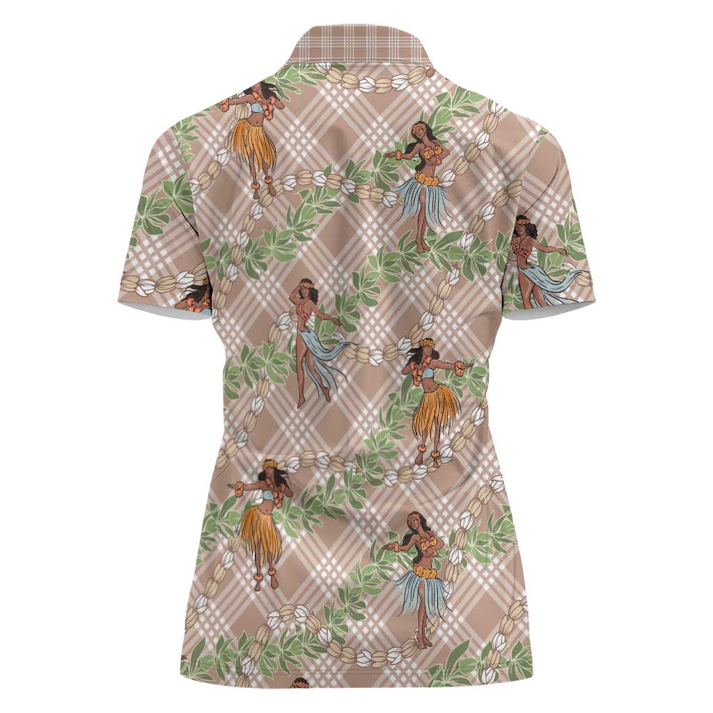Beige Palaka Hula Girls Seamless Hawaii Aloha Women Polo Shirt LT7 - Polynesian Pride