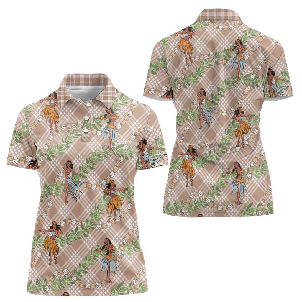 Beige Palaka Hula Girls Seamless Hawaii Aloha Women Polo Shirt LT7 - Polynesian Pride