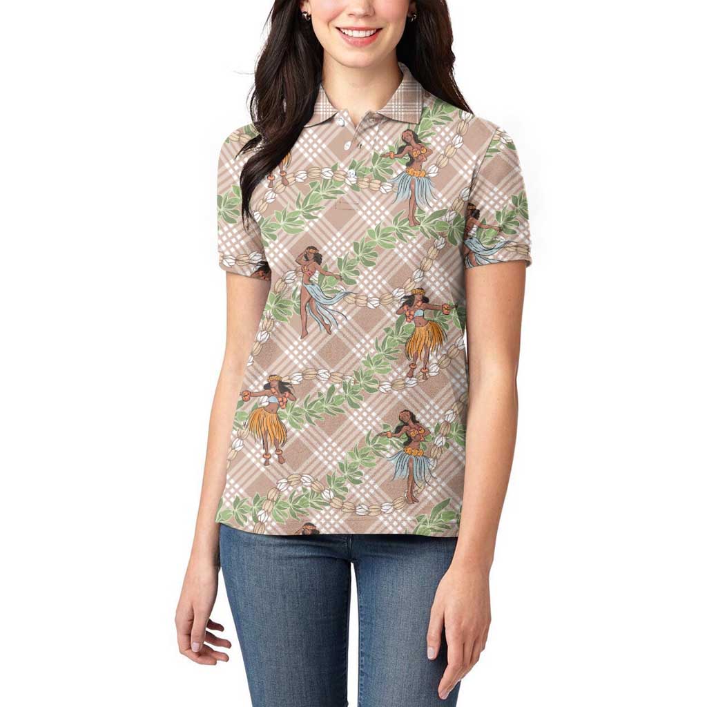 Beige Palaka Hula Girls Seamless Hawaii Aloha Women Polo Shirt LT7 - Polynesian Pride