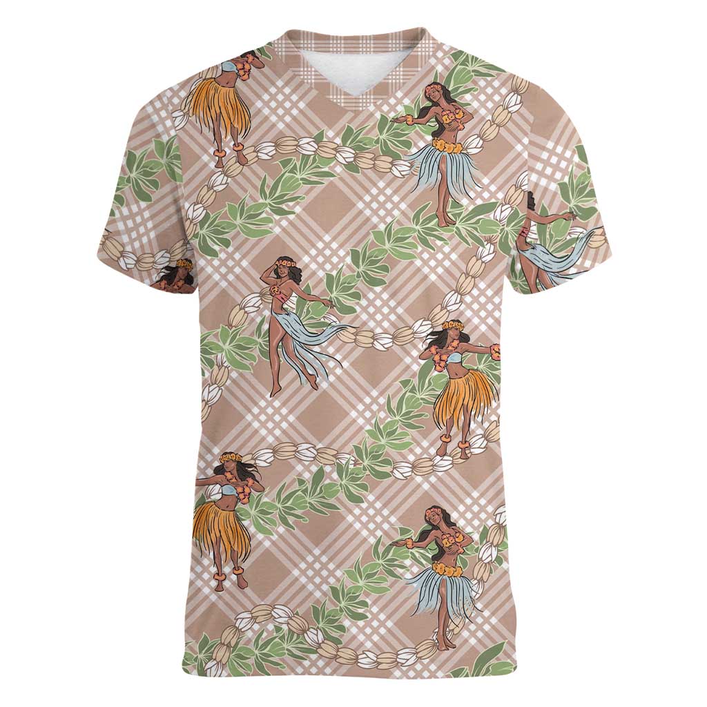 Beige Palaka Hula Girls Seamless Hawaii Aloha Women V-Neck T-Shirt - Polynesian Pride