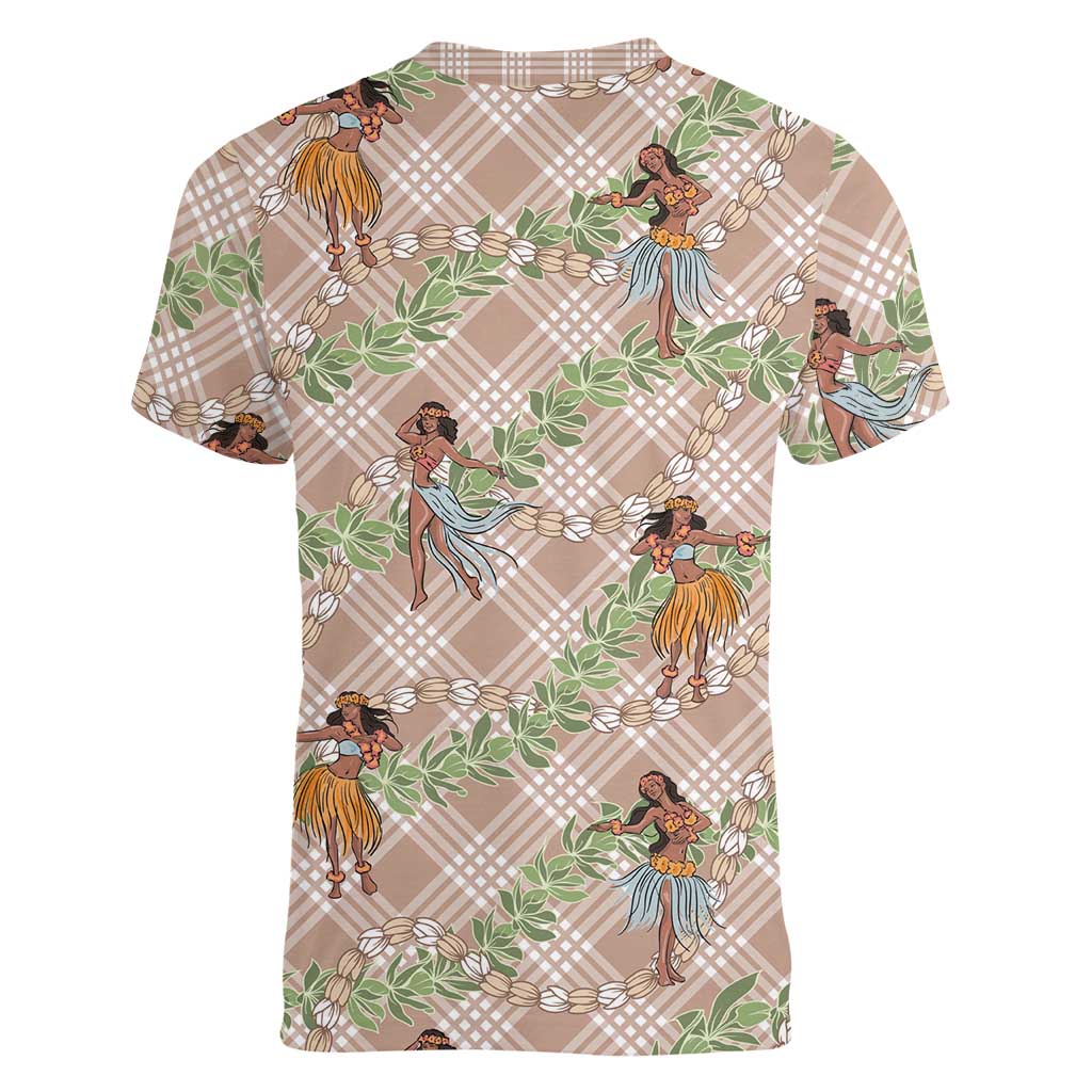 Beige Palaka Hula Girls Seamless Hawaii Aloha Women V-Neck T-Shirt - Polynesian Pride