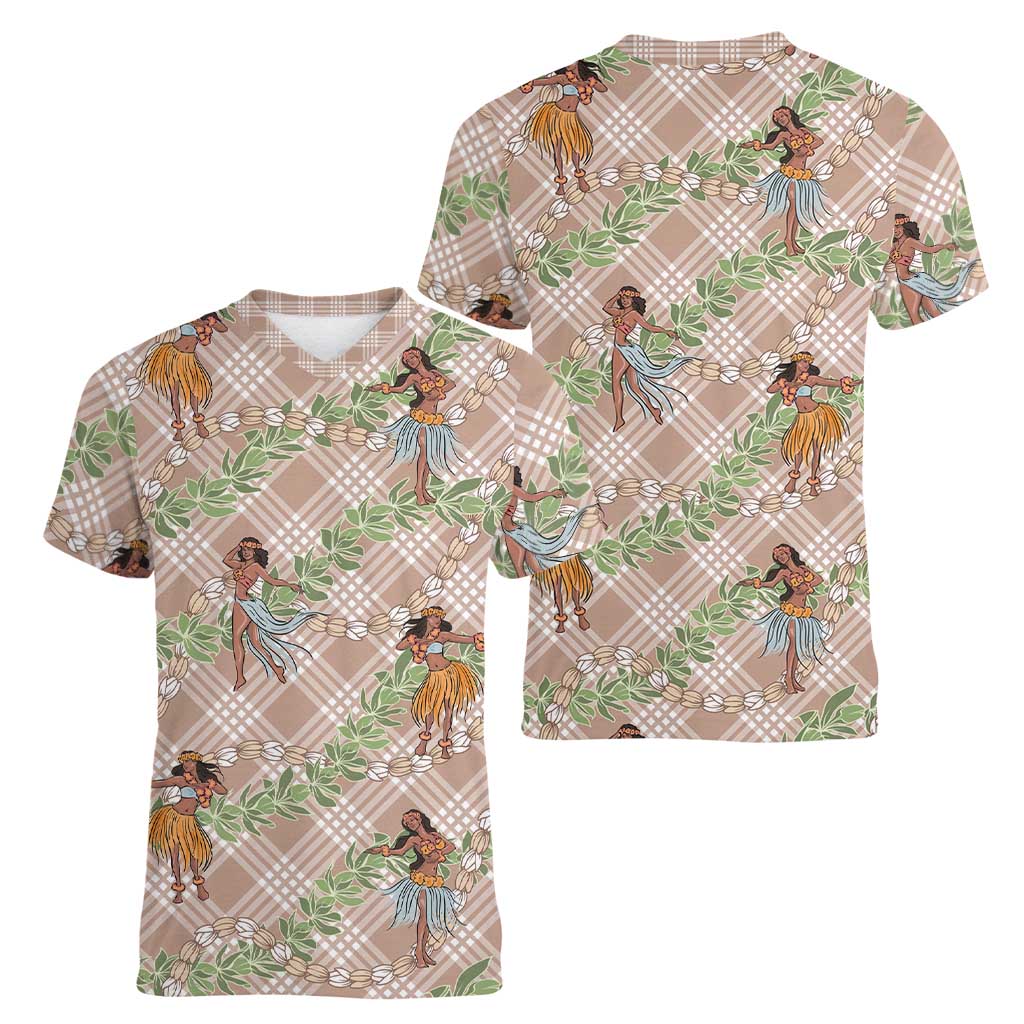 Beige Palaka Hula Girls Seamless Hawaii Aloha Women V-Neck T-Shirt - Polynesian Pride