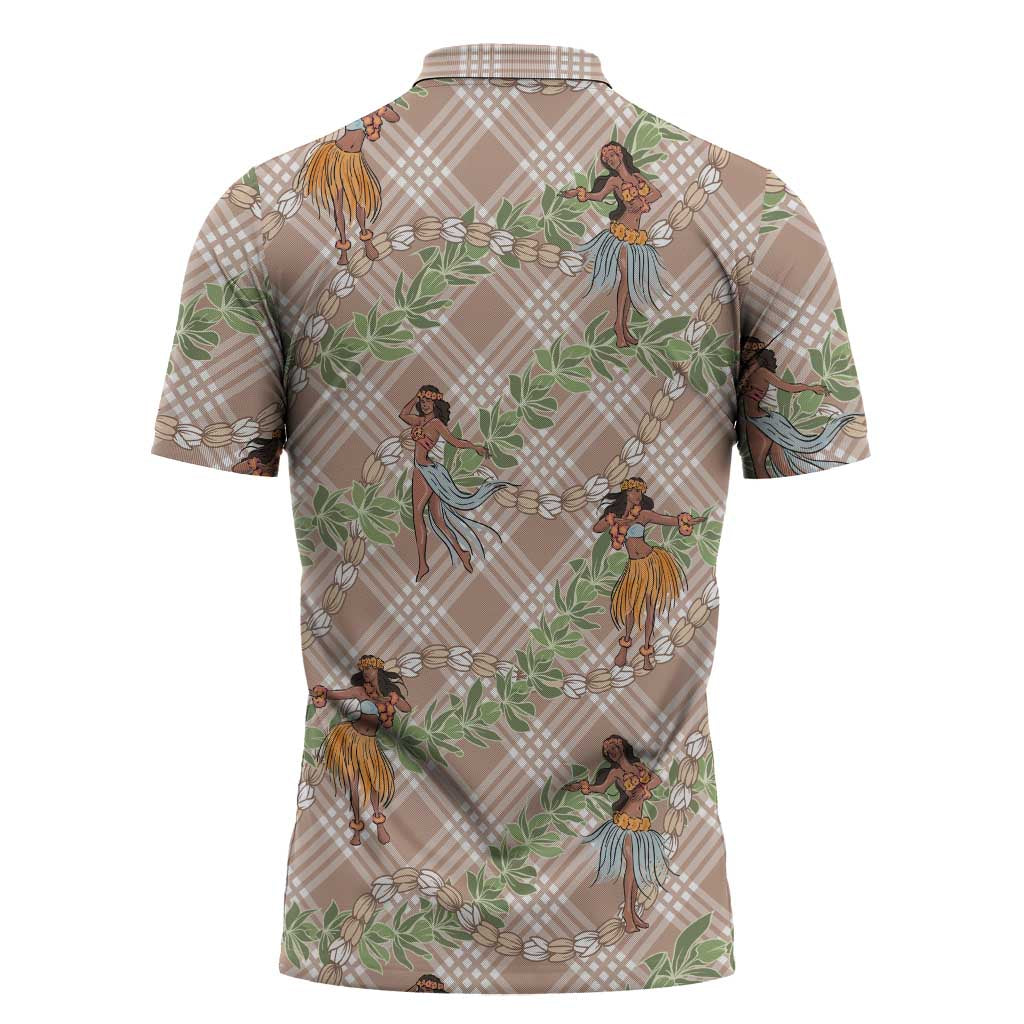 Beige Palaka Hula Girls Seamless Hawaii Aloha Zipper Polo Shirt - Polynesian Pride