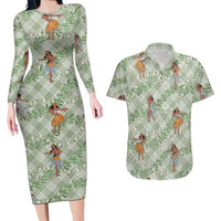 Mint Palaka Hula Girls Seamless Hawaii Aloha Couples Matching Long Sleeve Bodycon Dress and Hawaiian Shirt - Polynesian Pride