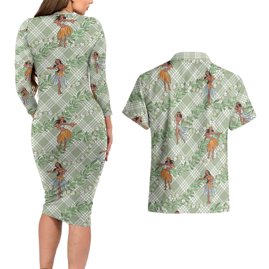 Mint Palaka Hula Girls Seamless Hawaii Aloha Couples Matching Long Sleeve Bodycon Dress and Hawaiian Shirt - Polynesian Pride