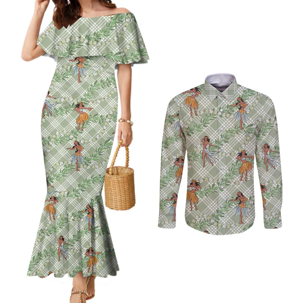 Mint Palaka Hula Girls Seamless Hawaii Aloha Couples Matching Mermaid Dress and Long Sleeve Button Shirt - Polynesian Pride