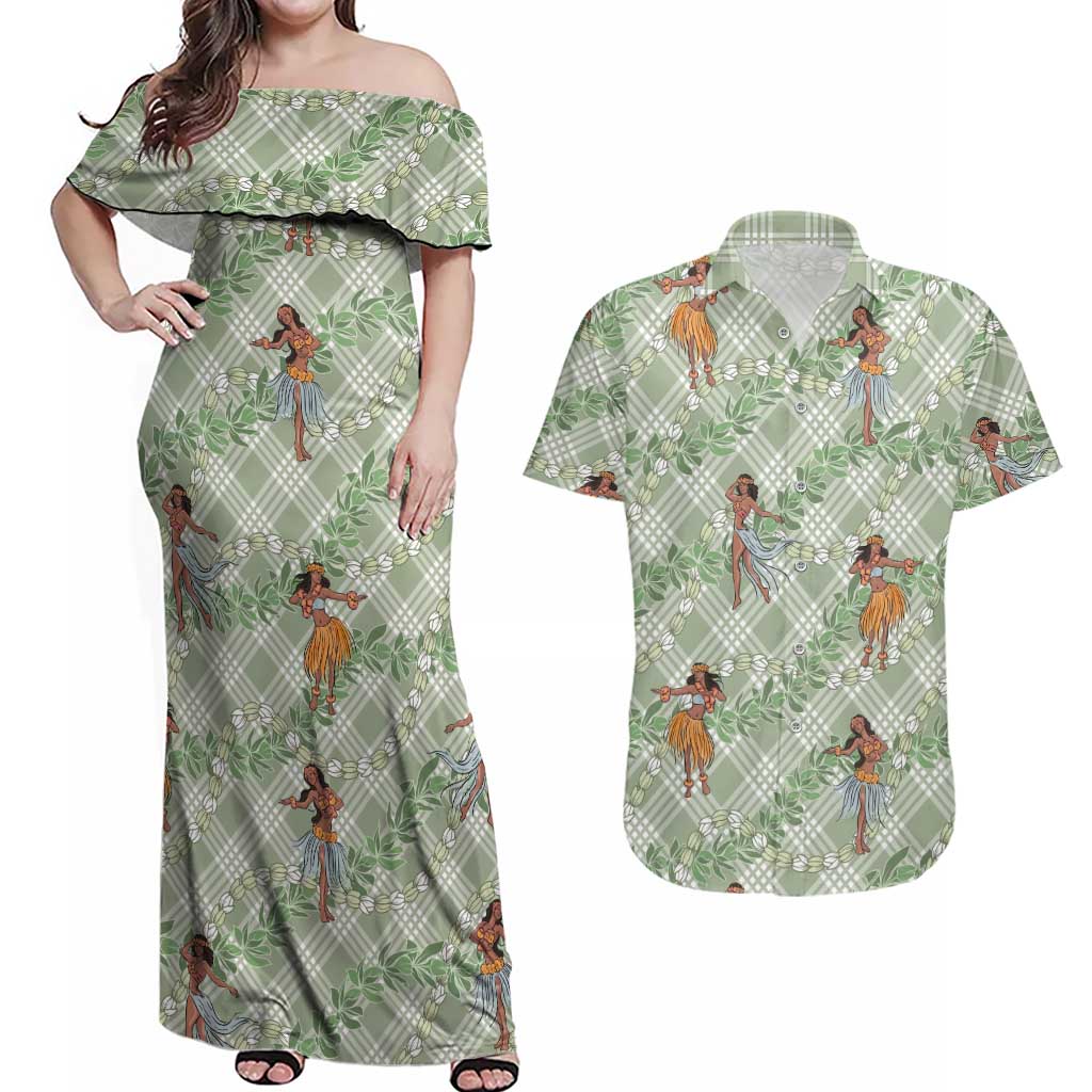 Mint Palaka Hula Girls Seamless Hawaii Aloha Couples Matching Off Shoulder Maxi Dress and Hawaiian Shirt - Polynesian Pride