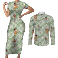 Mint Palaka Hula Girls Seamless Hawaii Aloha Couples Matching Short Sleeve Bodycon Dress and Long Sleeve Button Shirt - Polynesian Pride