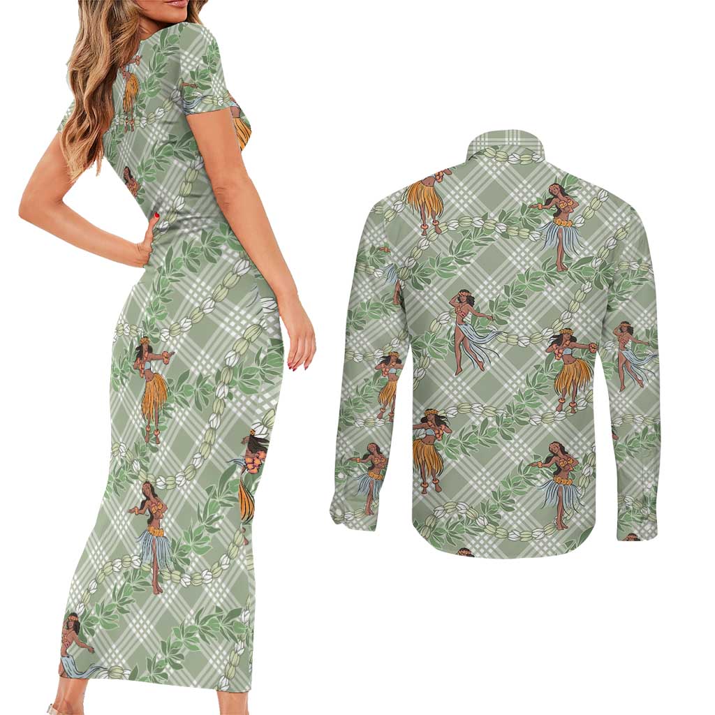 Mint Palaka Hula Girls Seamless Hawaii Aloha Couples Matching Short Sleeve Bodycon Dress and Long Sleeve Button Shirt - Polynesian Pride