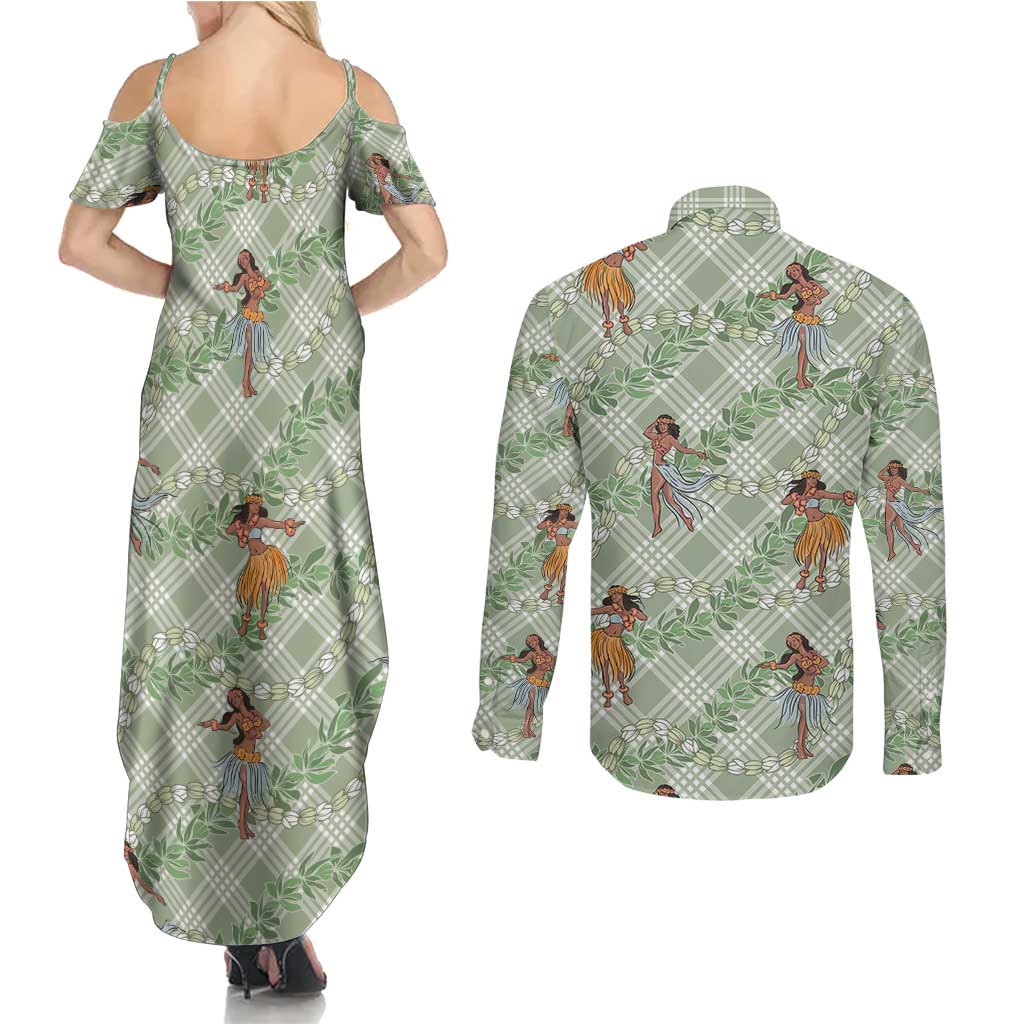 Mint Palaka Hula Girls Seamless Hawaii Aloha Couples Matching Summer Maxi Dress and Long Sleeve Button Shirt - Polynesian Pride