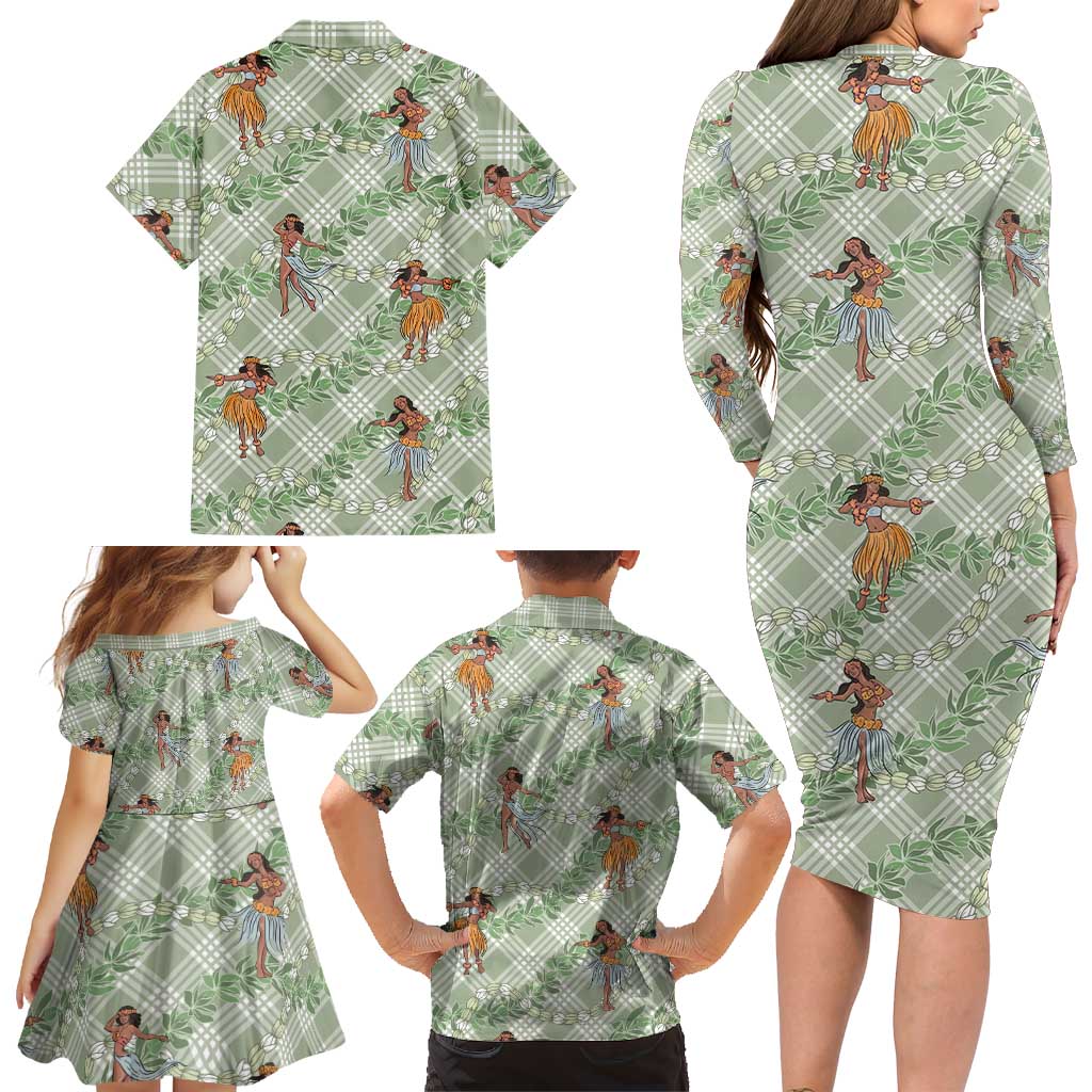 Mint Palaka Hula Girls Seamless Hawaii Aloha Family Matching Long Sleeve Bodycon Dress and Hawaiian Shirt - Polynesian Pride