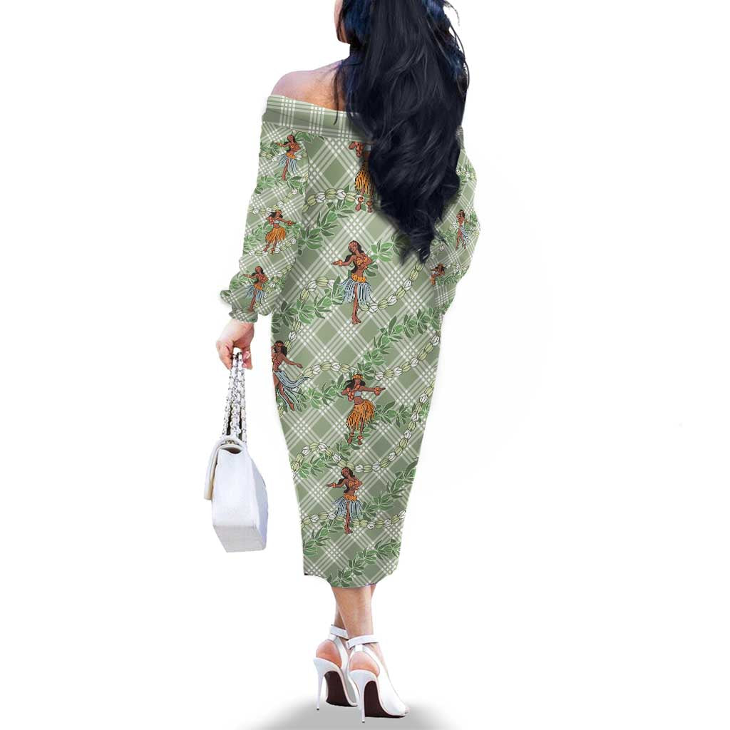 Mint Palaka Hula Girls Seamless Hawaii Aloha Family Matching Off The Shoulder Long Sleeve Dress and Hawaiian Shirt - Polynesian Pride
