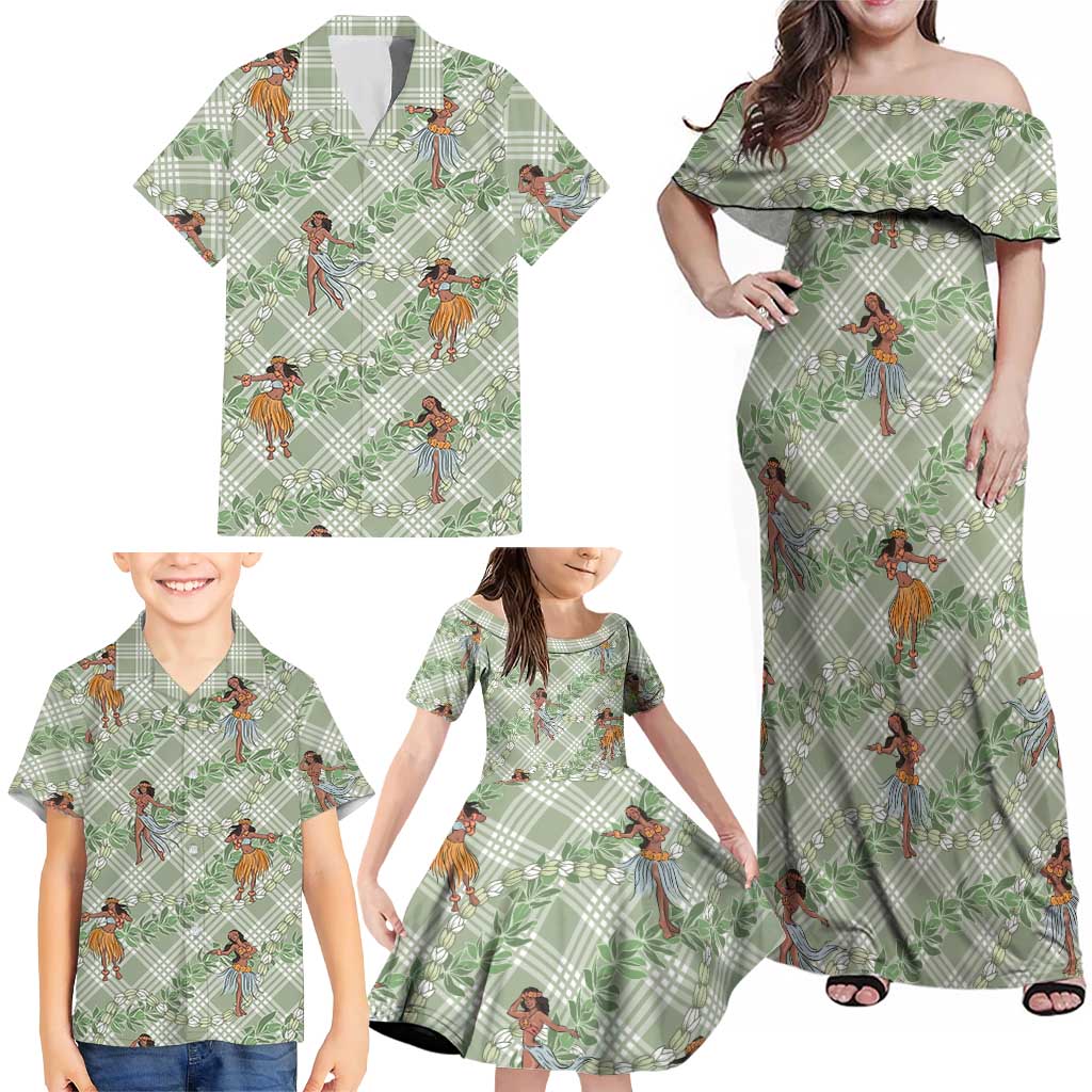 Mint Palaka Hula Girls Seamless Hawaii Aloha Family Matching Off Shoulder Maxi Dress and Hawaiian Shirt - Polynesian Pride