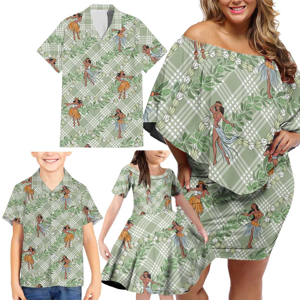 Mint Palaka Hula Girls Seamless Hawaii Aloha Family Matching Off Shoulder Short Dress and Hawaiian Shirt - Polynesian Pride