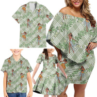 Mint Palaka Hula Girls Seamless Hawaii Aloha Family Matching Off Shoulder Short Dress and Hawaiian Shirt - Polynesian Pride