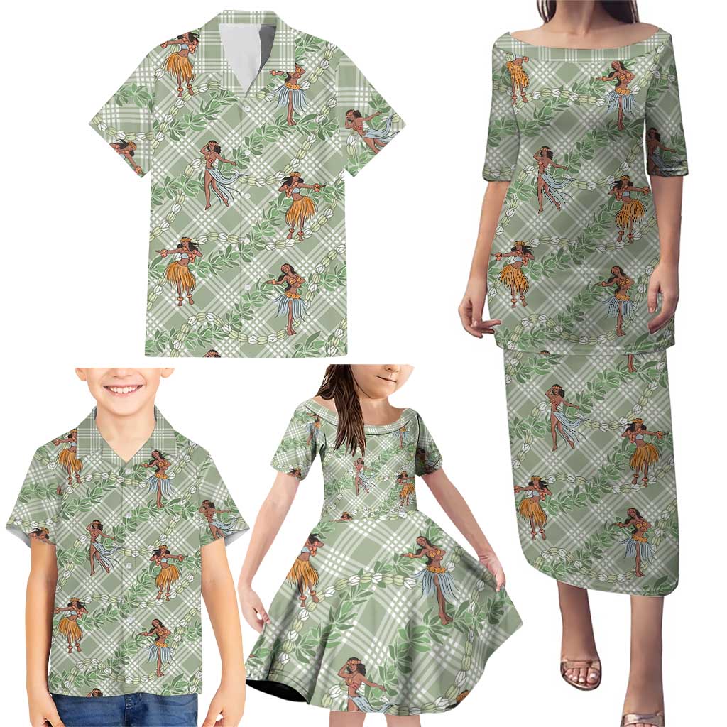 Mint Palaka Hula Girls Seamless Hawaii Aloha Family Matching Puletasi and Hawaiian Shirt - Polynesian Pride