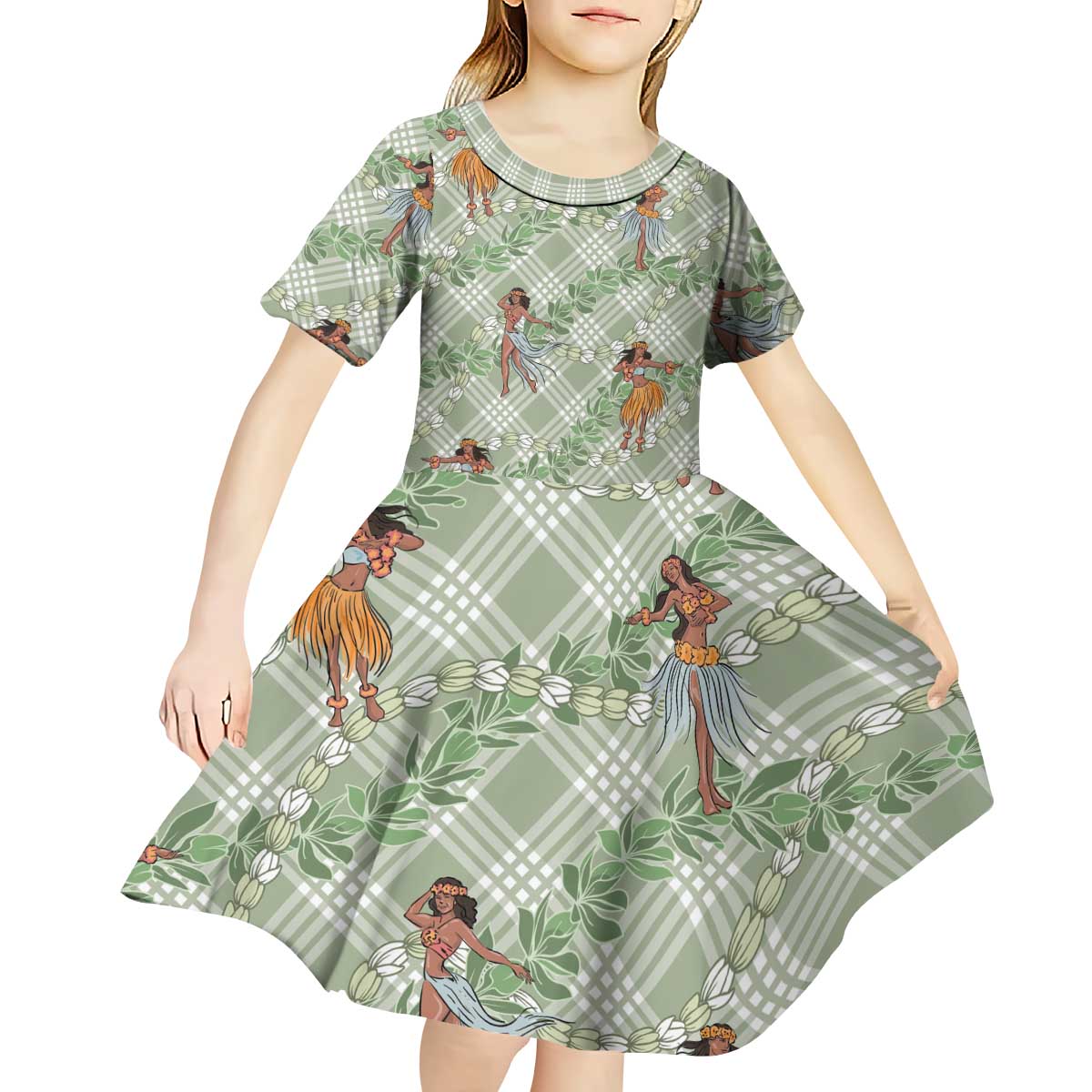 Mint Palaka Hula Girls Seamless Hawaii Aloha Kid Short Sleeve Dress - Polynesian Pride