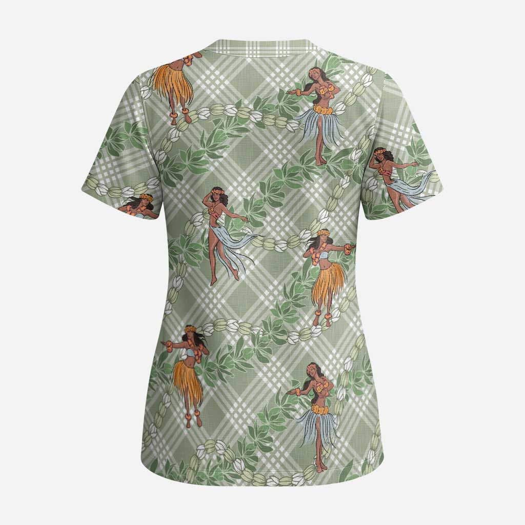 Mint Palaka Hula Girls Seamless Hawaii Aloha Scrub Top - Polynesian Pride