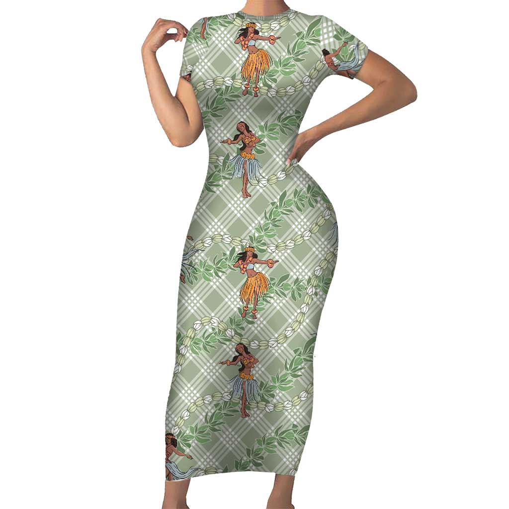 Mint Palaka Hula Girls Seamless Hawaii Aloha Short Sleeve Bodycon Dress - Polynesian Pride