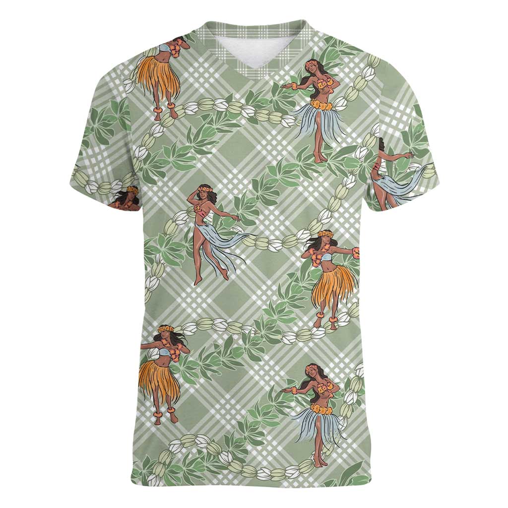 Mint Palaka Hula Girls Seamless Hawaii Aloha Women V-Neck T-Shirt LT7 Female Mint - Polynesian Pride
