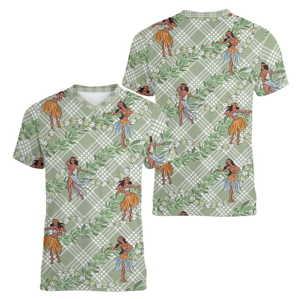 Mint Palaka Hula Girls Seamless Hawaii Aloha Women V-Neck T-Shirt LT7 - Polynesian Pride
