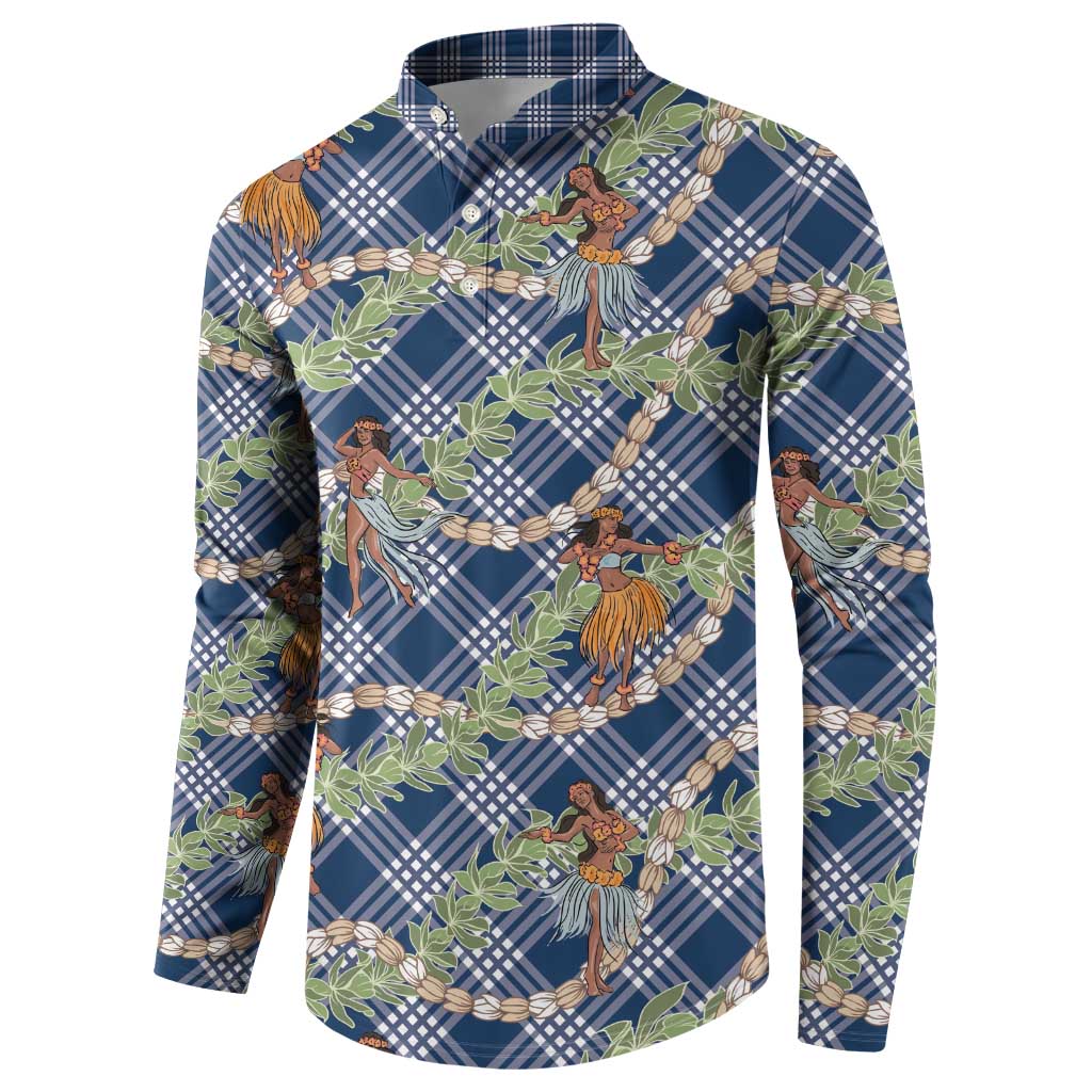 Navy Blue Palaka Hula Girls Seamless Hawaii Aloha Button Sweatshirt - Polynesian Pride