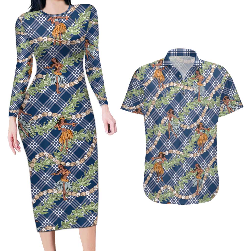 Navy Blue Palaka Hula Girls Seamless Hawaii Aloha Couples Matching Long Sleeve Bodycon Dress and Hawaiian Shirt - Polynesian Pride
