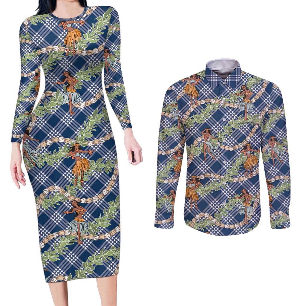 Navy Blue Palaka Hula Girls Seamless Hawaii Aloha Couples Matching Long Sleeve Bodycon Dress and Long Sleeve Button Shirt - Polynesian Pride