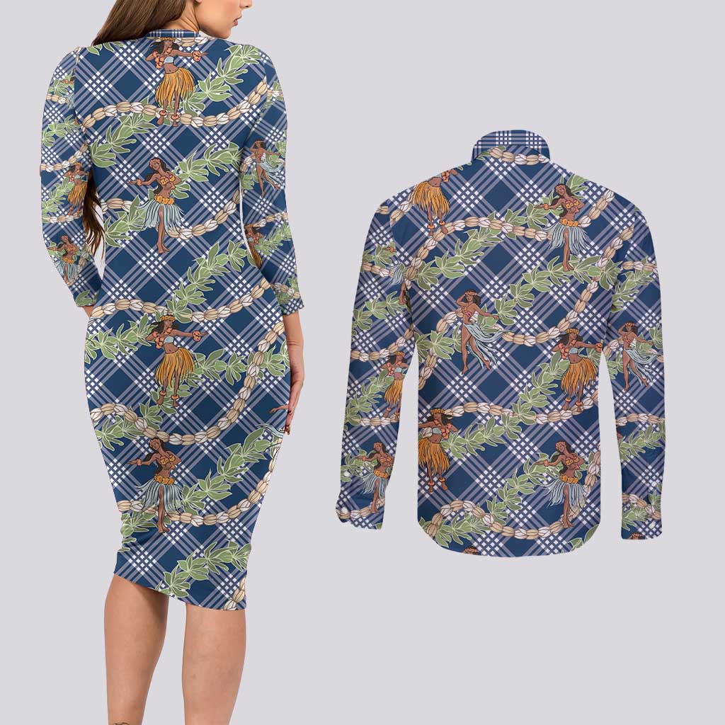 Navy Blue Palaka Hula Girls Seamless Hawaii Aloha Couples Matching Long Sleeve Bodycon Dress and Long Sleeve Button Shirt - Polynesian Pride