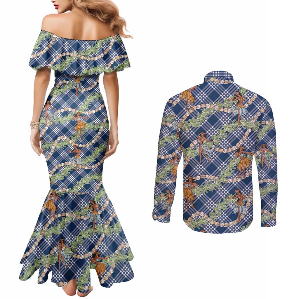 Navy Blue Palaka Hula Girls Seamless Hawaii Aloha Couples Matching Mermaid Dress and Long Sleeve Button Shirt - Polynesian Pride
