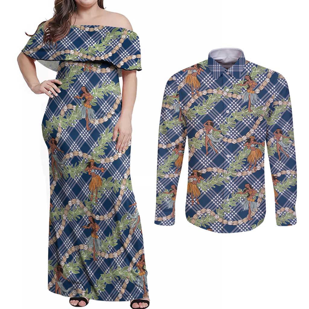 Navy Blue Palaka Hula Girls Seamless Hawaii Aloha Couples Matching Off Shoulder Maxi Dress and Long Sleeve Button Shirt - Polynesian Pride