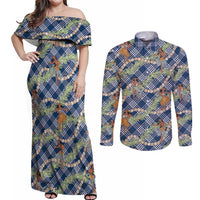 Navy Blue Palaka Hula Girls Seamless Hawaii Aloha Couples Matching Off Shoulder Maxi Dress and Long Sleeve Button Shirt - Polynesian Pride