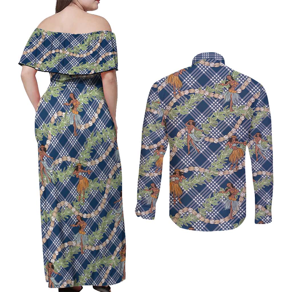Navy Blue Palaka Hula Girls Seamless Hawaii Aloha Couples Matching Off Shoulder Maxi Dress and Long Sleeve Button Shirt - Polynesian Pride